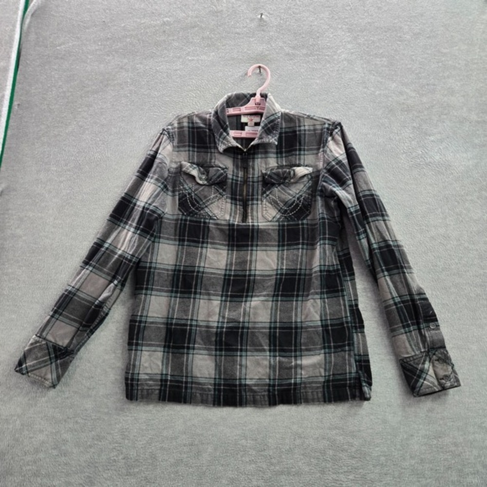 True Religion Women Top S Black Plaid Flannel Half Zip Long Sleeve Cotton